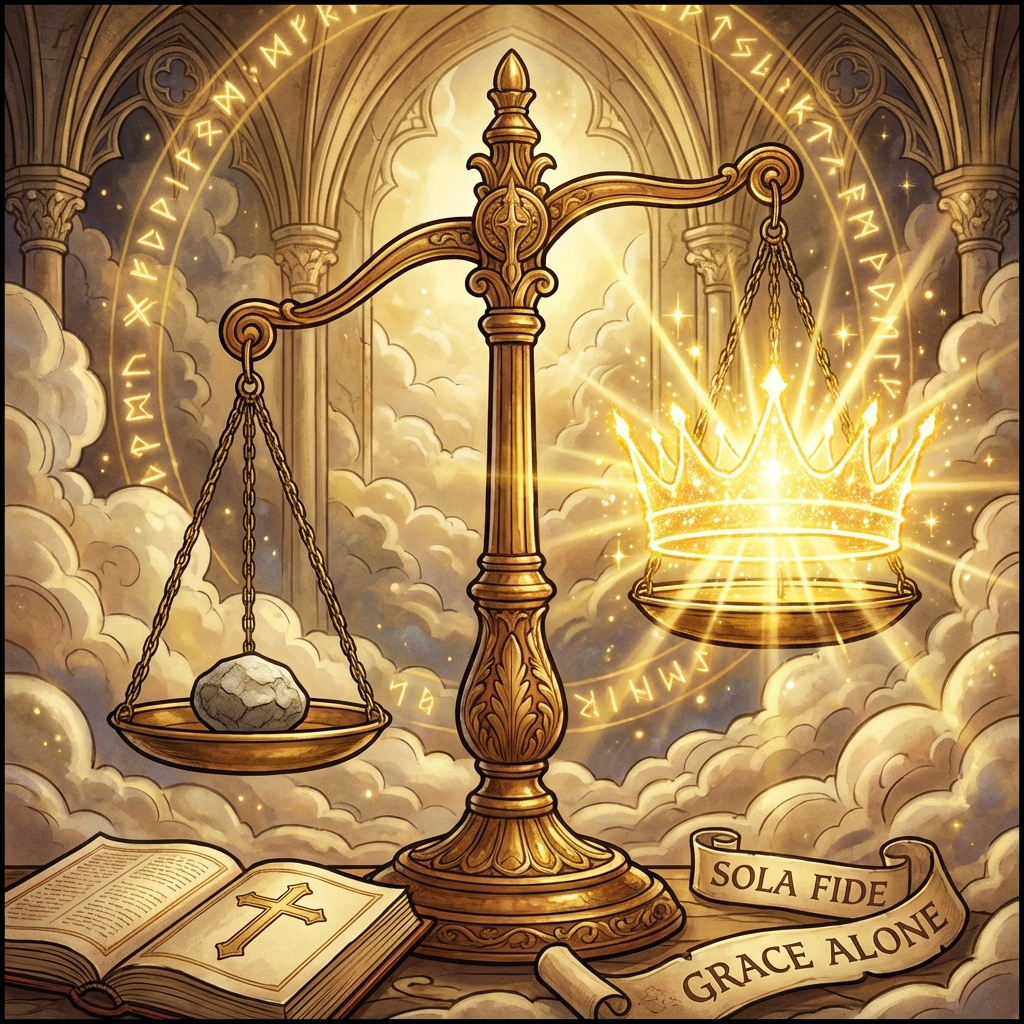 Divine scales balancing small offering with massive crown