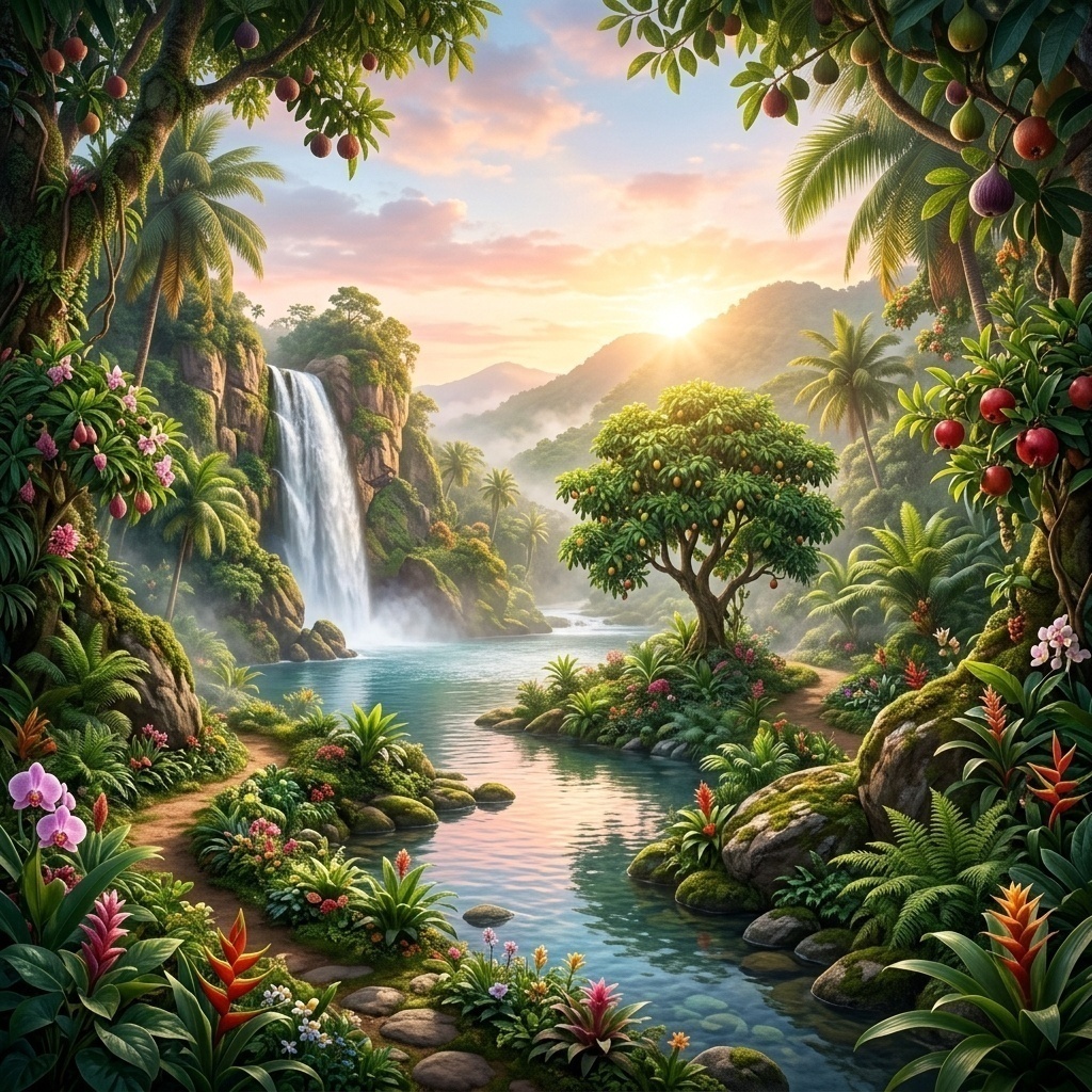 A cinematic, lush Garden of Eden at dawn, representing God's original design for life.