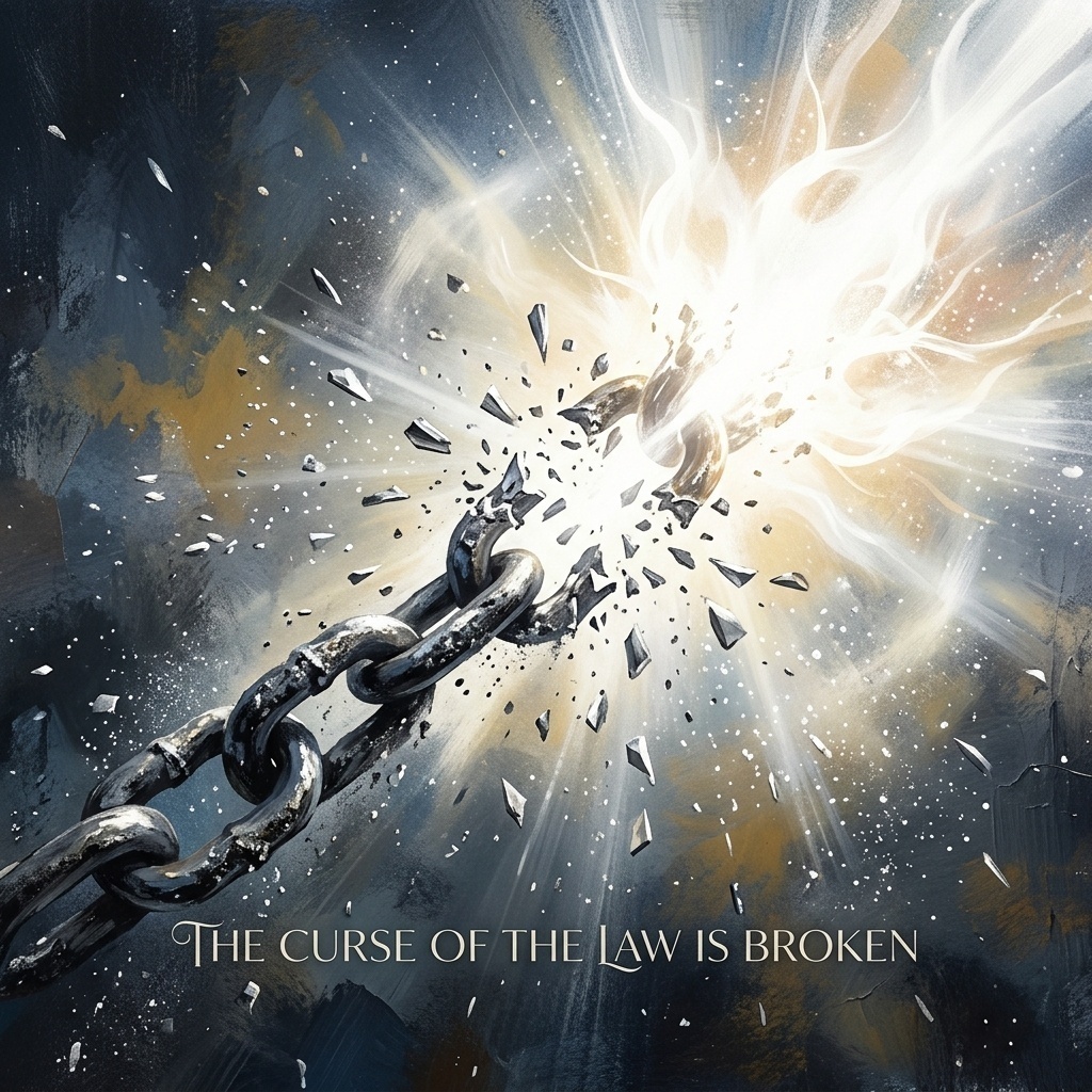 Chains breaking apart in a blast of light, representing freedom from the curse.