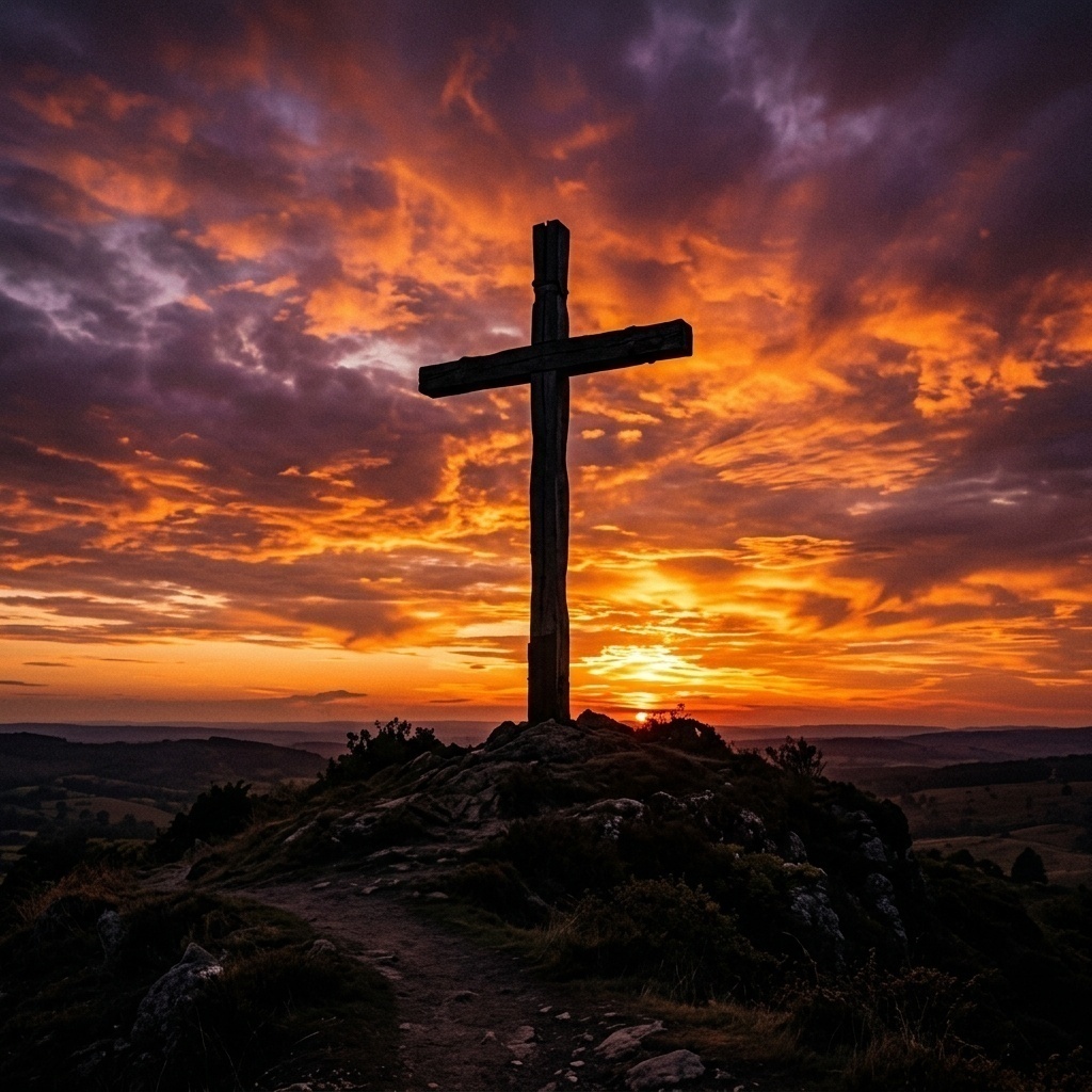 The silhouette of a cross at sunset, symbolizing redemption from the curse.