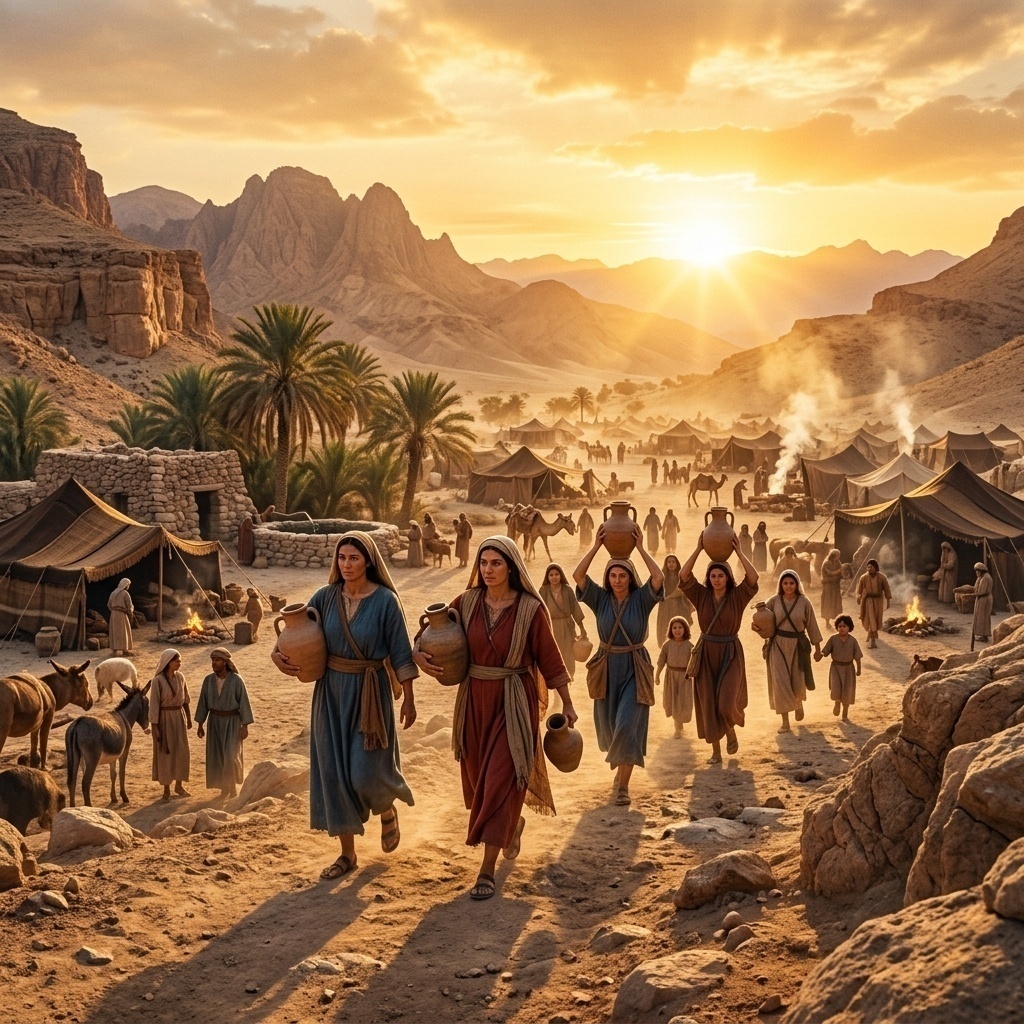 Vigorous Hebrew women in an ancient setting, symbolizing strength and vitality.