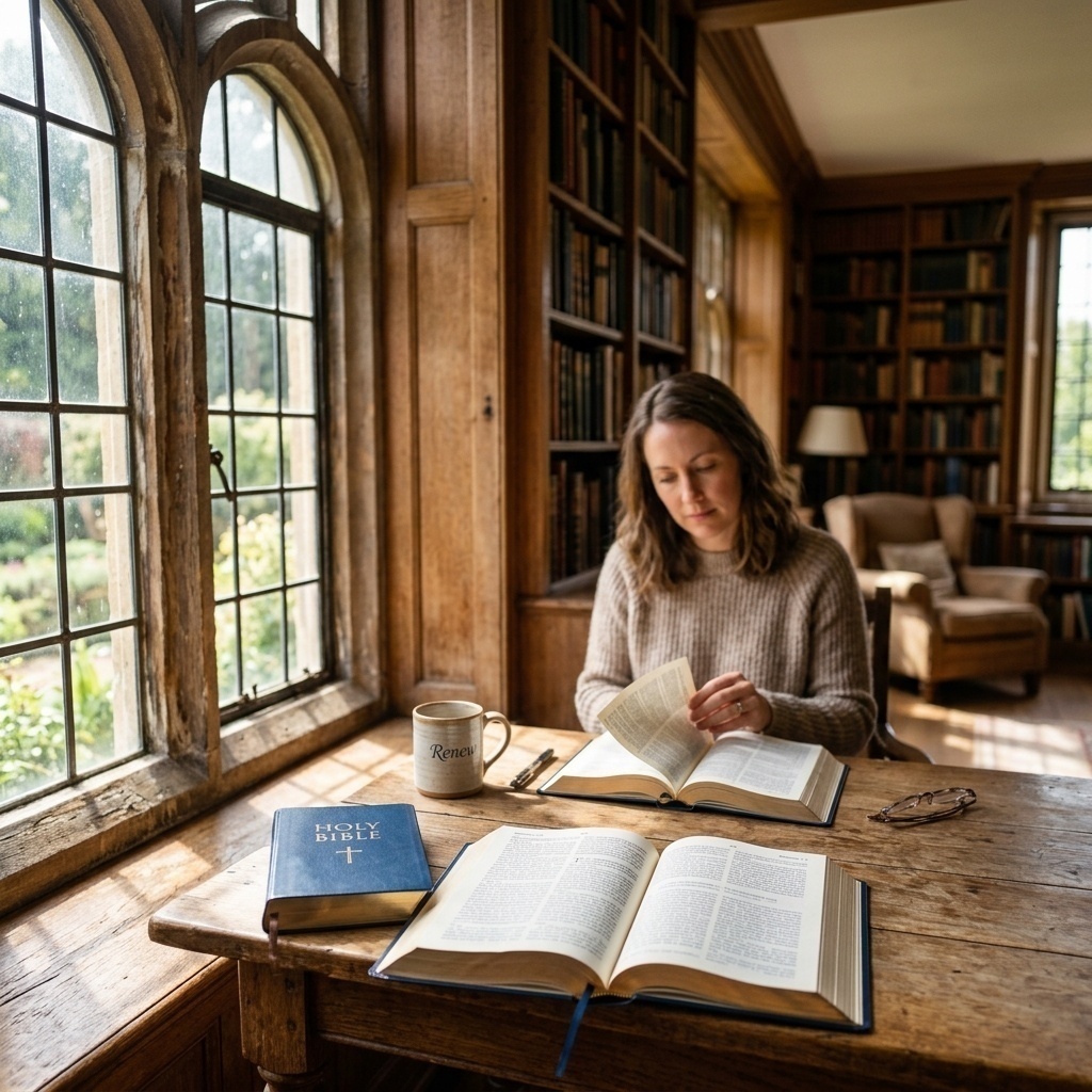 A peaceful, sunlit library with an open Bible, symbolizing a renewed mind.