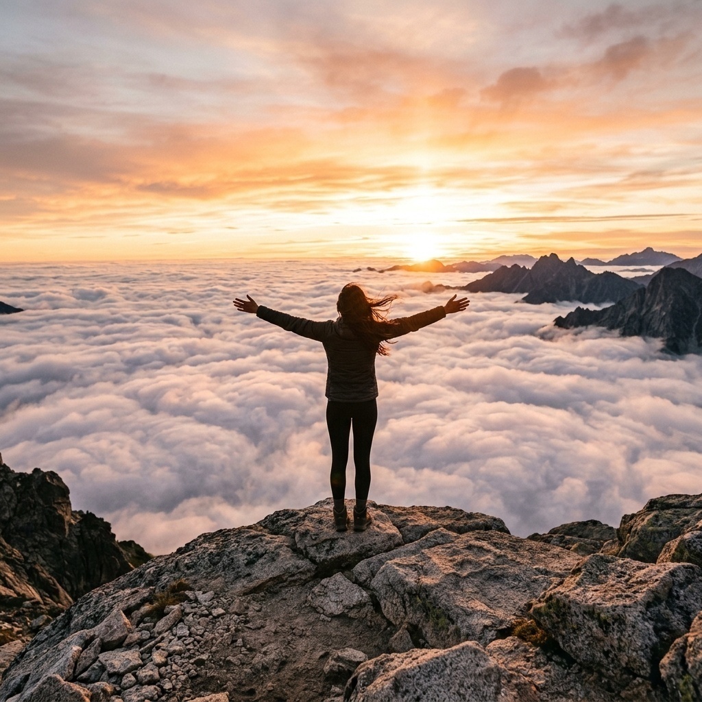 A woman standing victorious on a mountaintop, symbolizing overcoming fear.