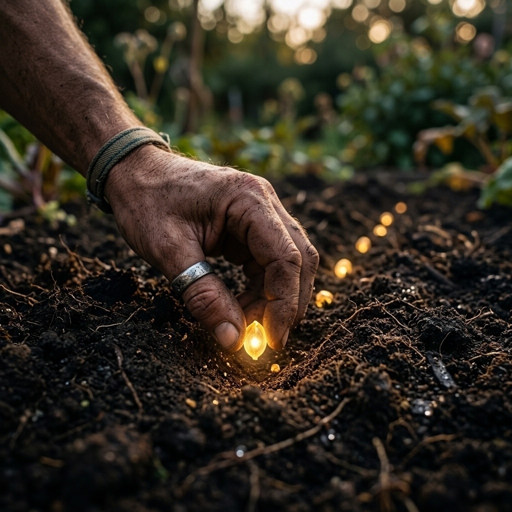A hand planting glowing seeds, symbolizing the power of faith-filled words.