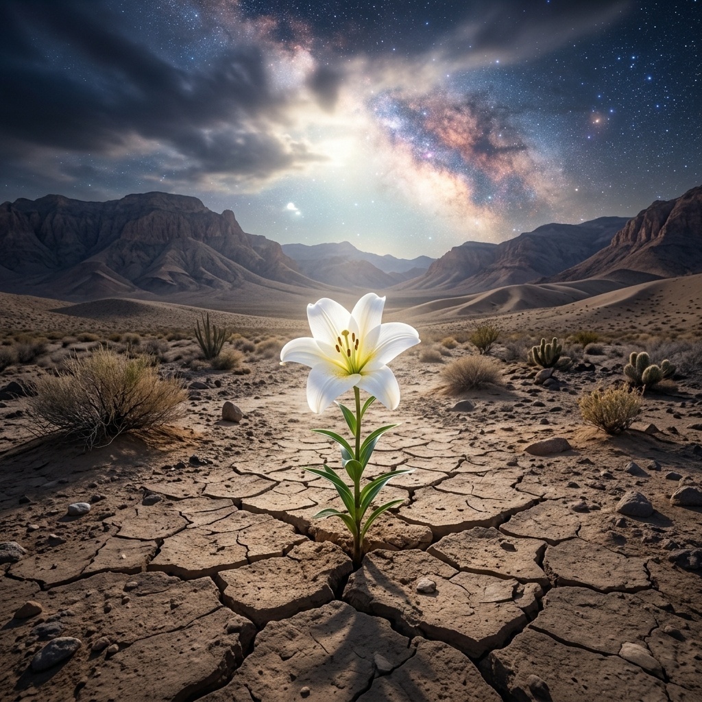 A white lily blooming in the desert, representing miraculous life.