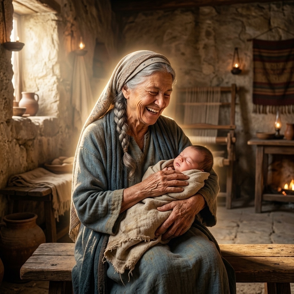 An elderly woman (Sarah) holding a baby with joyful laughter.
