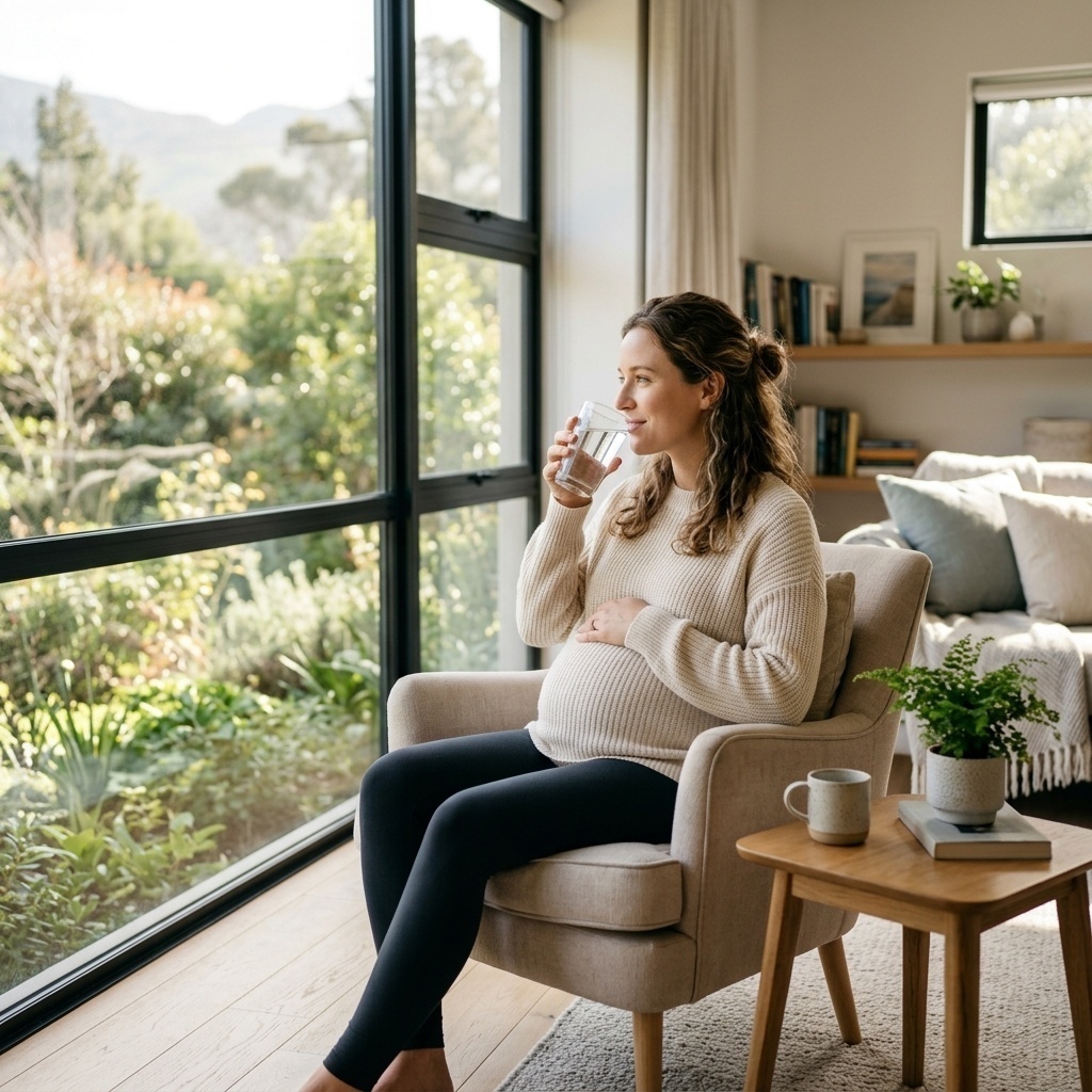 A pregnant woman sitting by a bright window, resting in tranquility.
