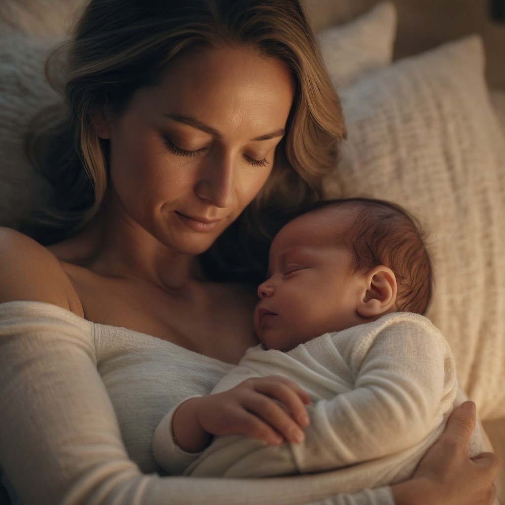 A mother resting with her newborn, radiating health and peace.
