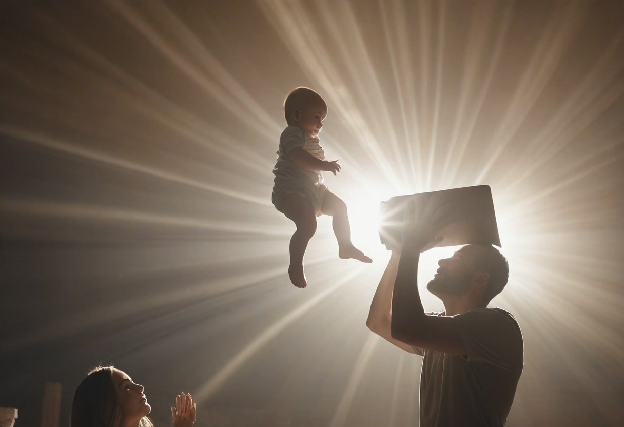 A parent dedicating their baby to the light of God.