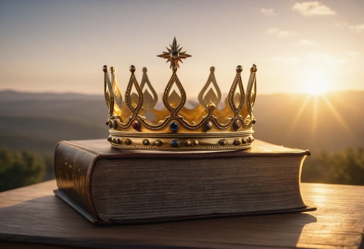 A glorious golden crown resting on a Bible at sunrise.