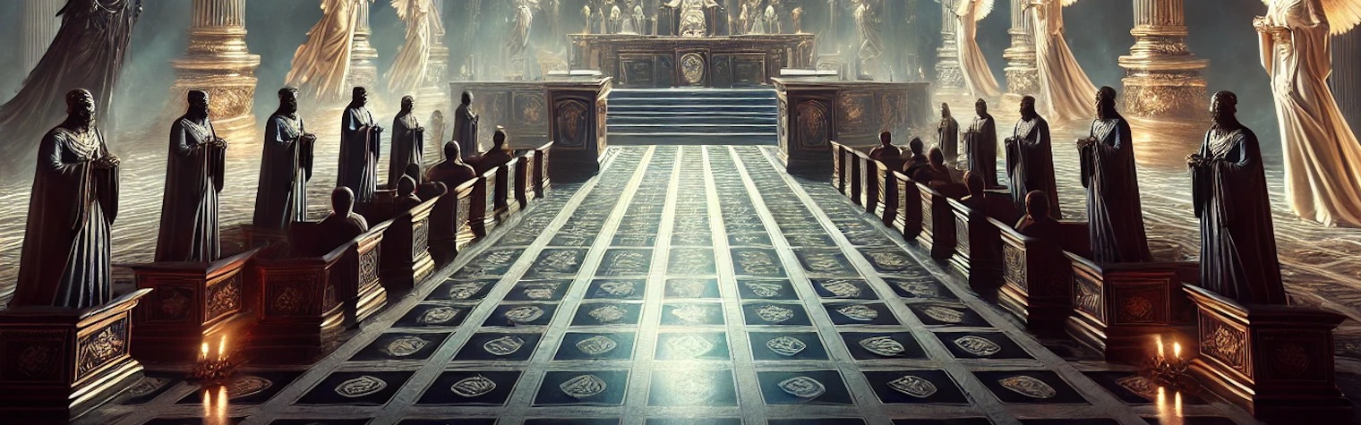 A long courtroom aisle of patterned tiles between wooden benches, with robed figures standing watch