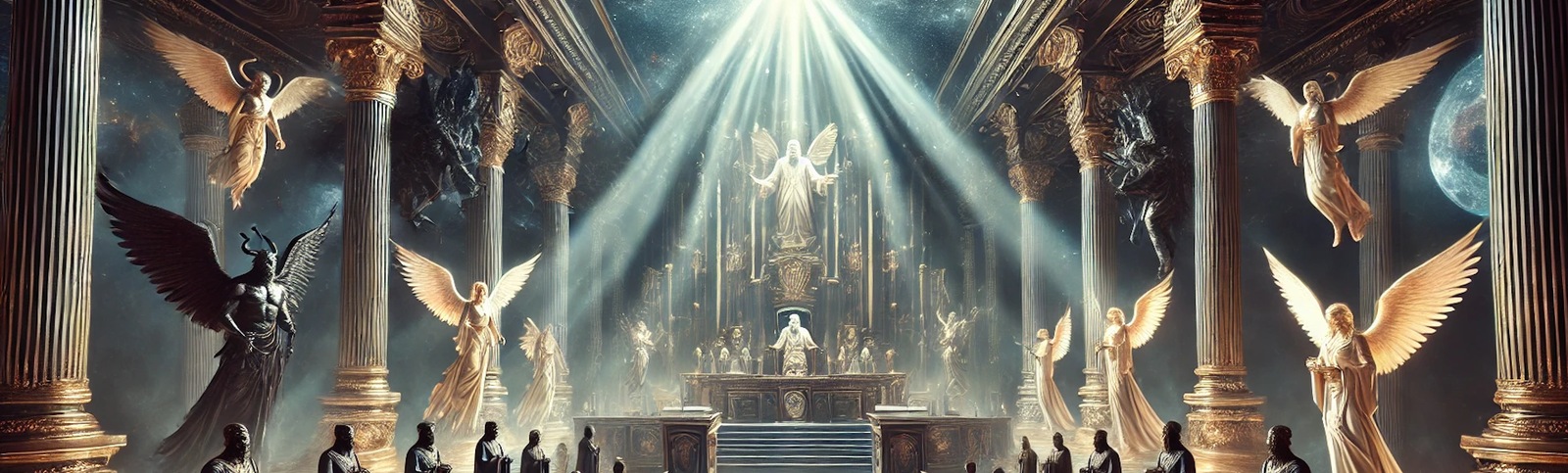 A wide view of the heavenly courtroom: bright angels on one side and a dark winged accuser on the other