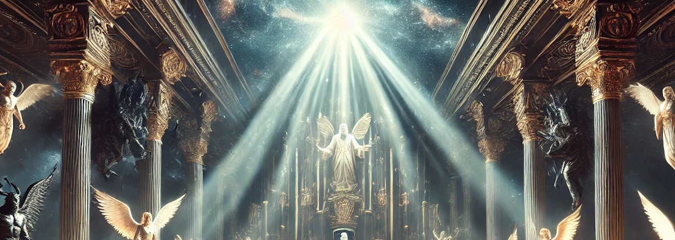 Rays of light fall on the throne at the far end of a great courtroom, with angels on either side