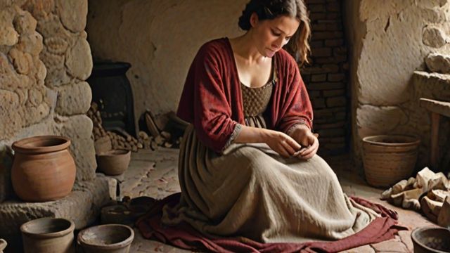 A woman stitching a bright new patch onto an old robe beside a cracked old wineskin bursting with new wine
