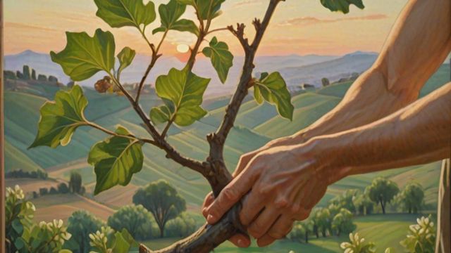 A fig tree branch with tender new green leaves budding in spring, a farmer's hand touching it