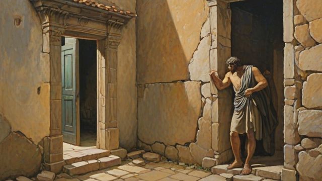 A great stone house split in two by a crack as it falls apart, with a strong man bound in the doorway