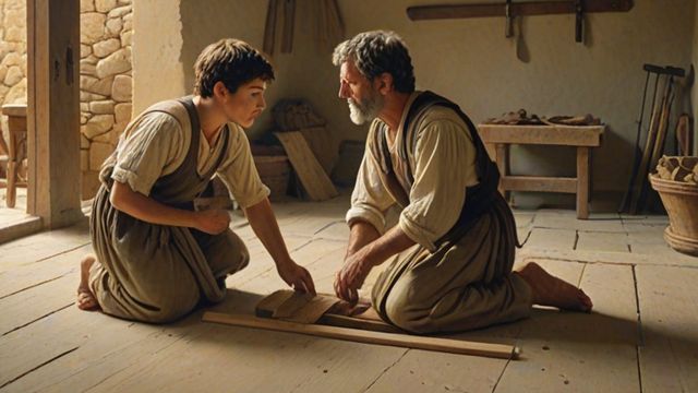 A young craftsman in a carpenter's workshop watching his father work and learning from him