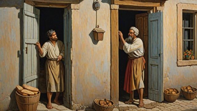 A man knocking at a neighbor's wooden door at midnight under a full moon with lamplight through the shutters