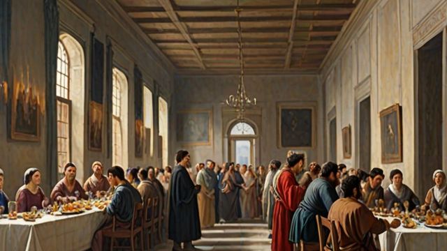 A long banquet table where servants bring poor and blind guests in from the streets while invited guests' seats stay empty