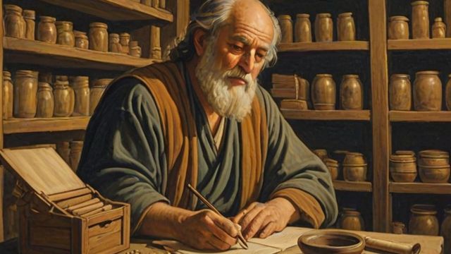 An old scribe opening a wooden chest in a storeroom, drawing out ancient and fresh scrolls by lamplight