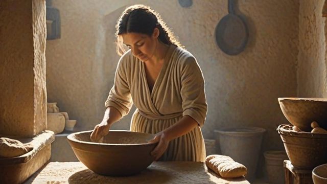 A woman in a simple robe kneading dough in a large clay bowl with a small lump of leaven