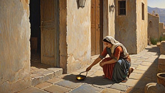 A woman with an oil lamp sweeping a dim stone house searching for a silver coin that glints in a crack