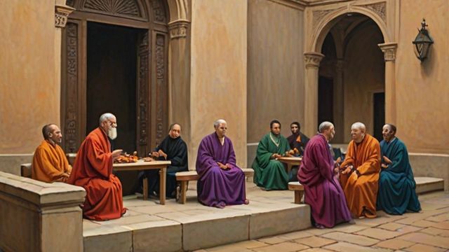A banquet where a humble guest takes the lowest seat while the host gestures him to a place of honor