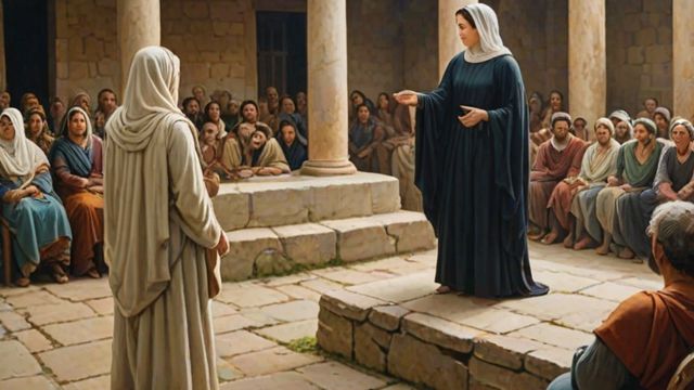 A determined widow in simple clothing pleading her case before a stern judge in a village court