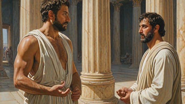 Two men praying in the temple courts, a proud man standing tall and a humble man with bowed head in the background