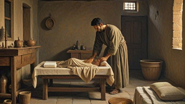A village physician bending over a sick person's bed in a stone house with herb jars on a table