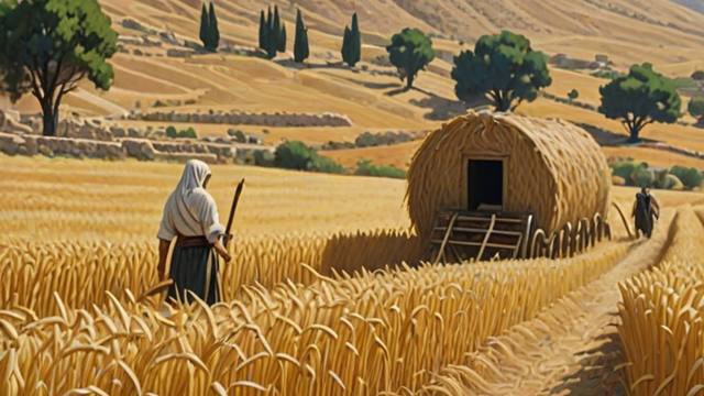 Fields of ripe golden grain ready for harvest with reapers walking toward them and a well in the foreground