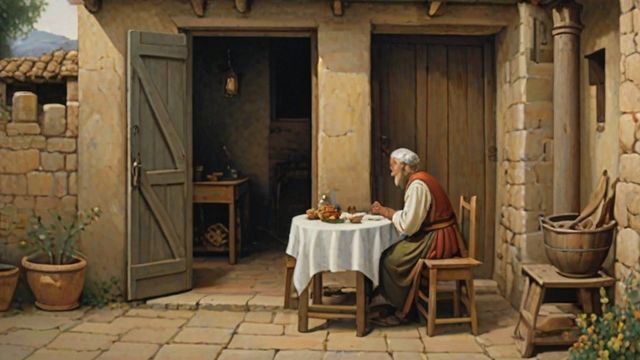 A servant waiting outside a house gate while a son sits inside at the family table, the door open between them