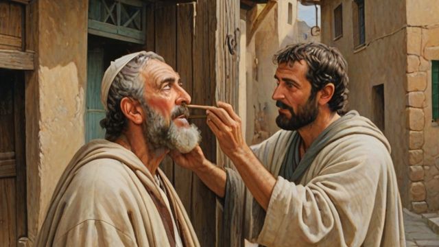 A man with a huge wooden beam in his own eye tries to remove a tiny speck from a neighbor's eye
