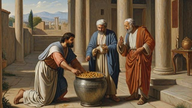 A master handing bags of silver to three servants before a journey, one servant burying his bag in the ground