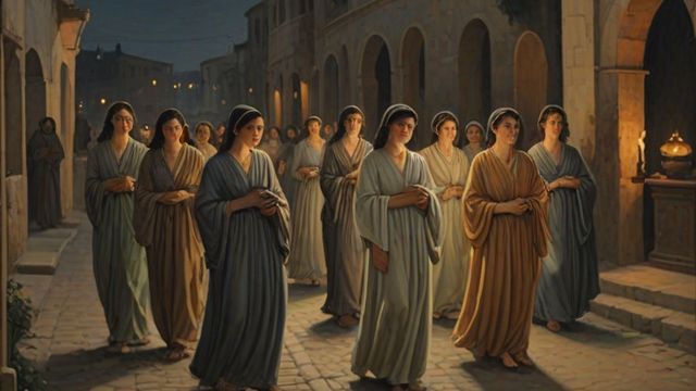 Ten young women at night, five holding burning lamps on the road and five with empty lamps looking worried
