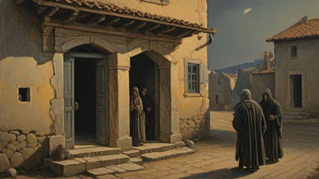 An empty swept stone house with an open door and dark shadowy figures gathering at the threshold at dusk