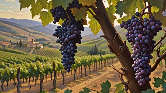 A lush grapevine with heavy purple clusters while a gardener prunes branches and withered branches lie in a pile
