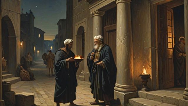 Servants waiting at a doorway by lamplight at night, dressed for action, a distant torch signaling their master's return