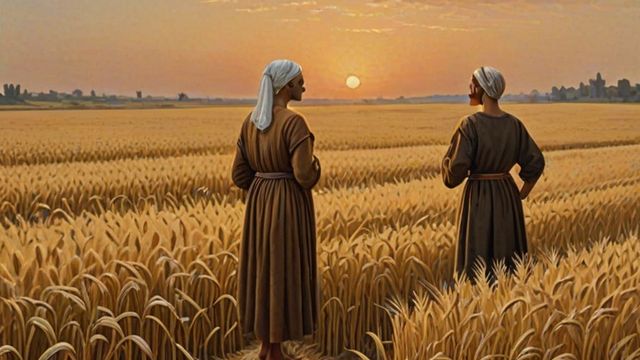 A wheat field with tall weeds among the golden wheat as a worried farmer and servants look on at sunset