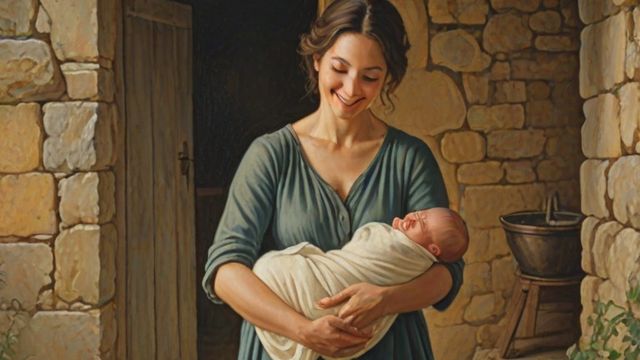 A mother holding her newborn child at dawn with caring women around her in an old stone house