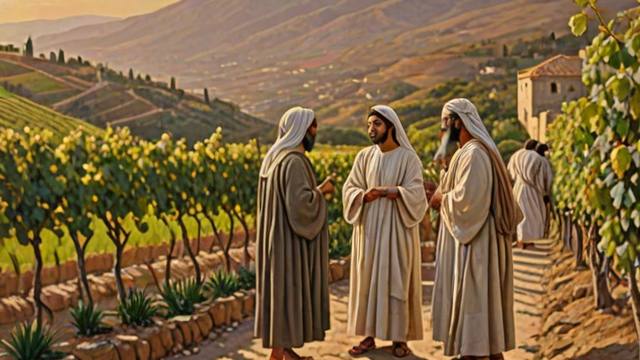 Vineyard workers lined up at sunset receiving their silver coins from the landowner