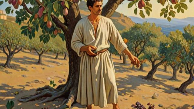 A healthy fig tree heavy with ripe fruit beside a thorn bush that bears nothing