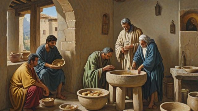 A man eating bread at a simple table while villagers wash their hands in a stone basin nearby