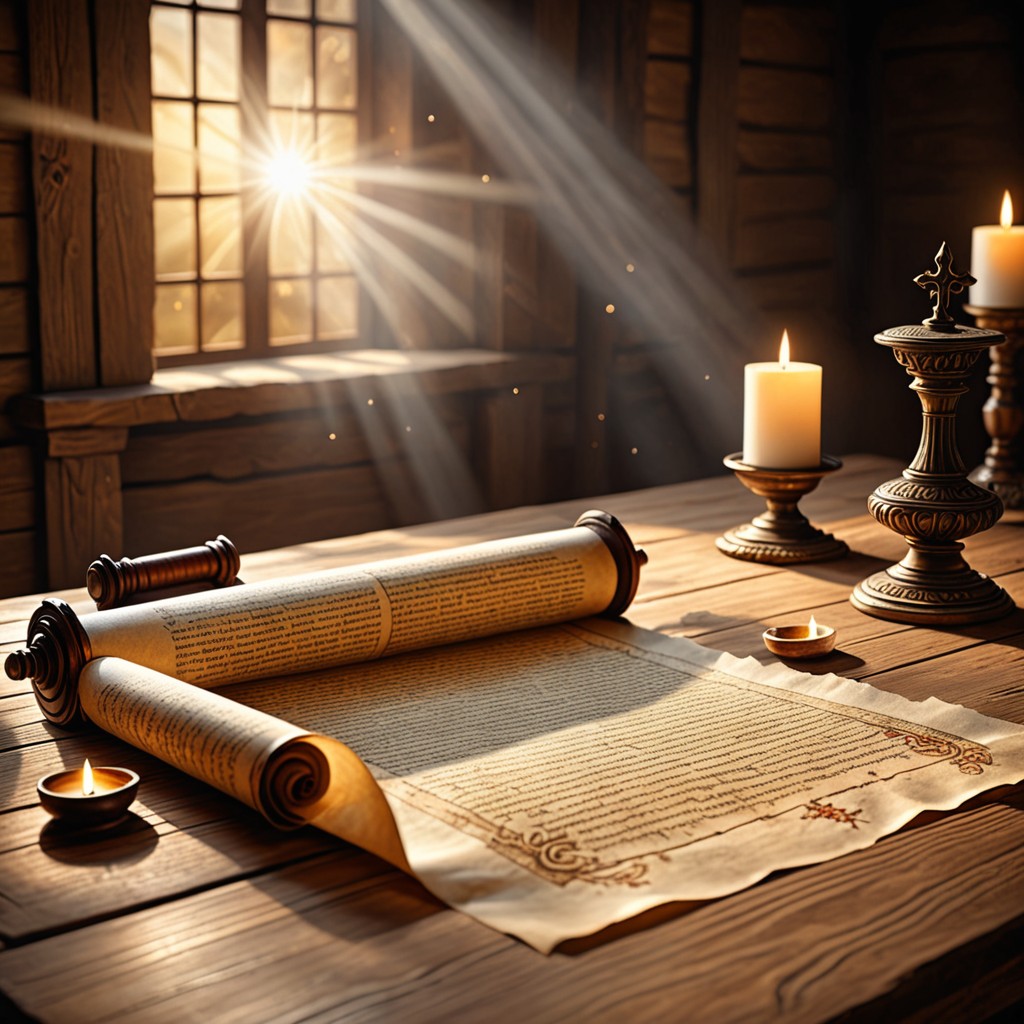 Ancient parchment scroll with radiant heavenly script under divine light