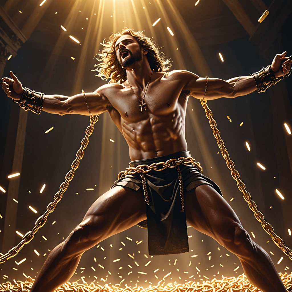 Golden glowing chains of spiritual bondage snapping in mid-air
