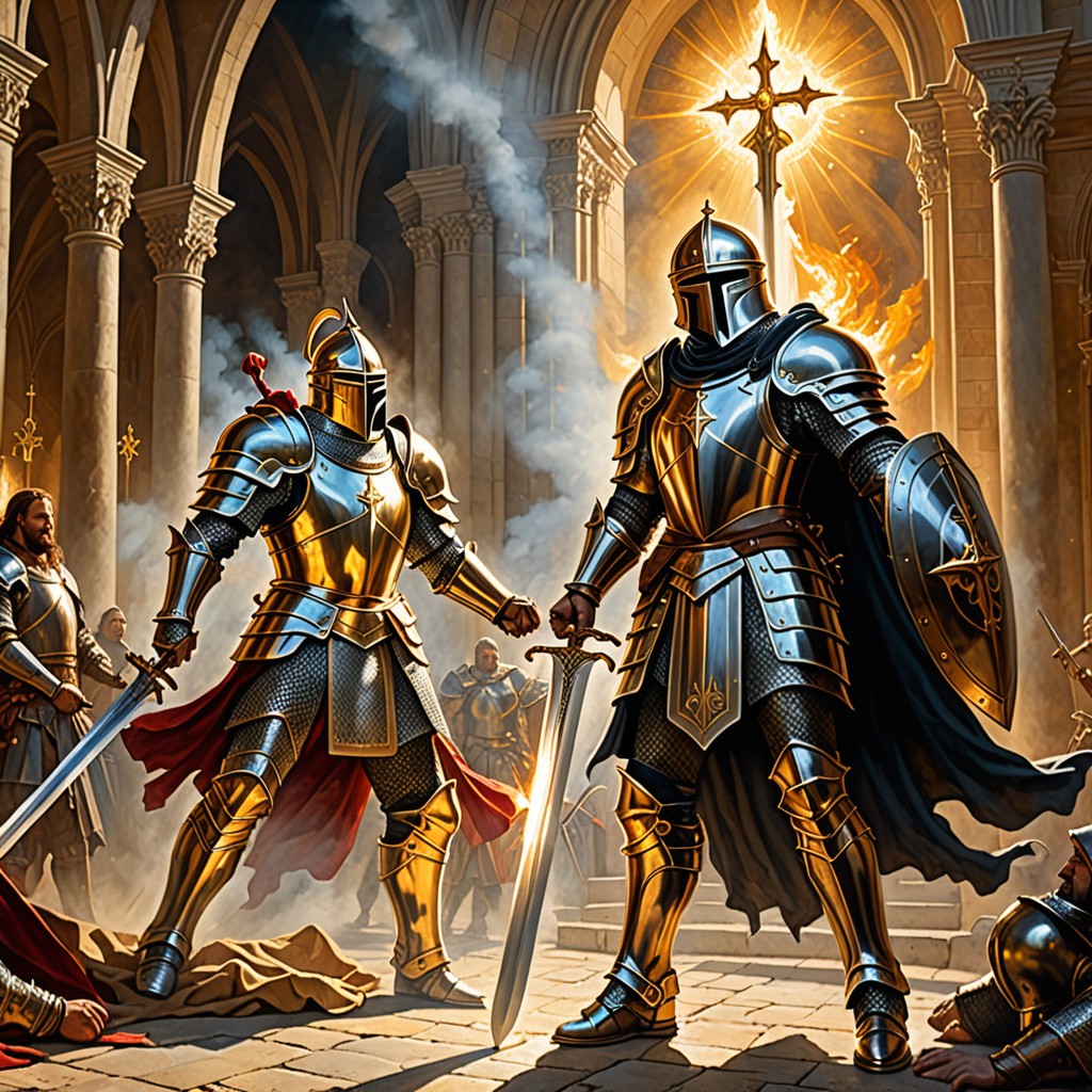 Celestial warrior defending a local church against dark smoke