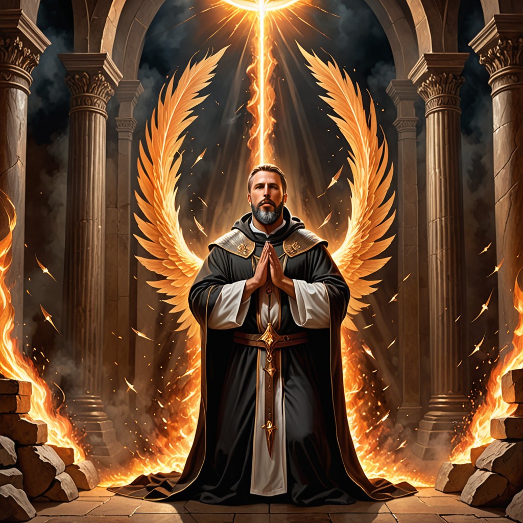 Spiritual leader praying surrounded by a fiery wall of Holy Spirit protection