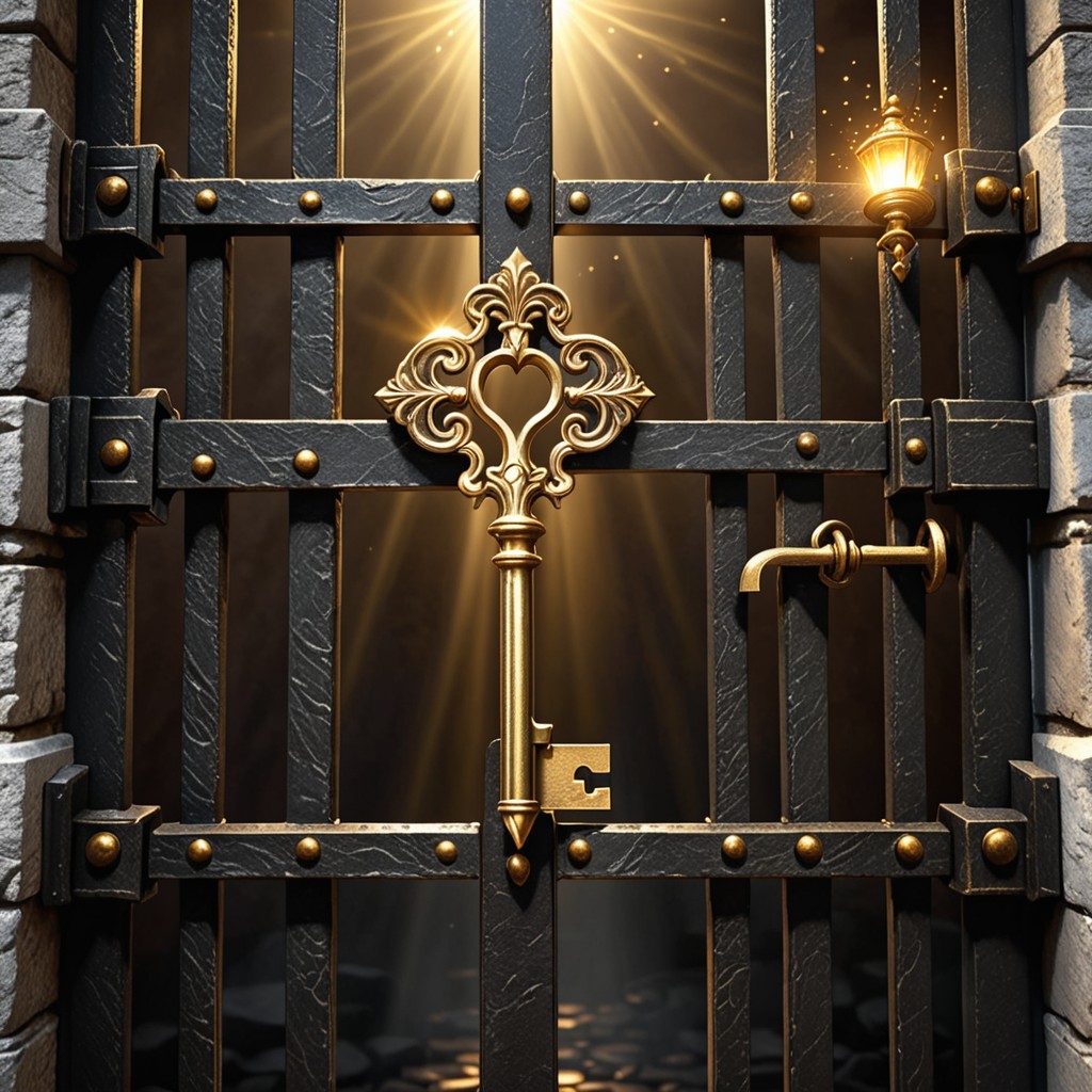 Golden key unlocking a dark iron gate under divine light