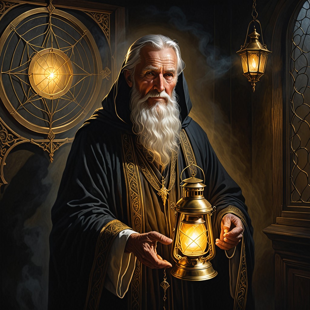 Elder holding a glowing golden lantern illuminating hidden darkness