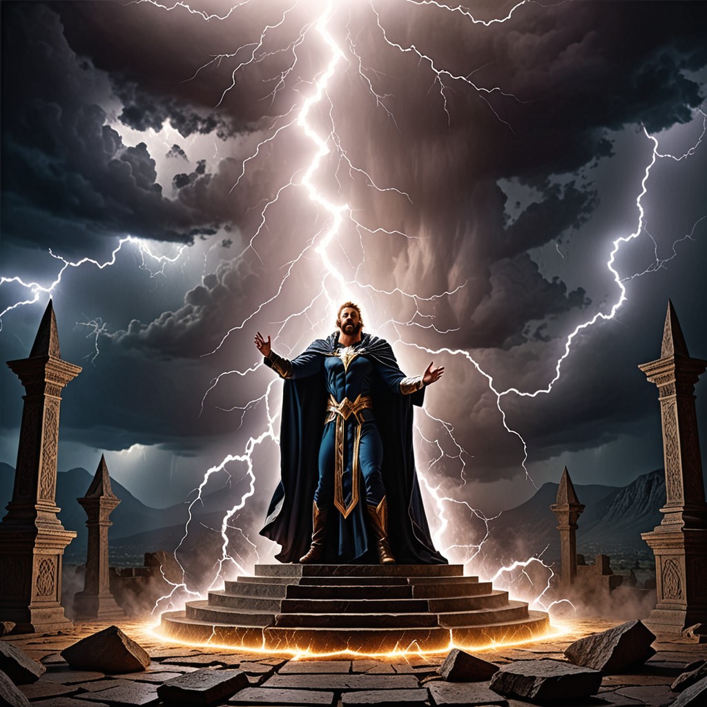 Lightning bolt of divine light shattering a dark occult altar